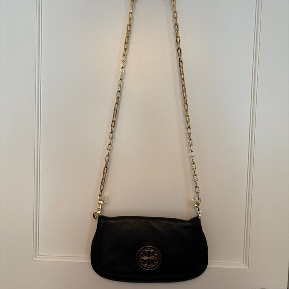 TORY BURCH Black Leather Amanda Logo Clutch Crossbody Chain Bag - Picture 12 of 13